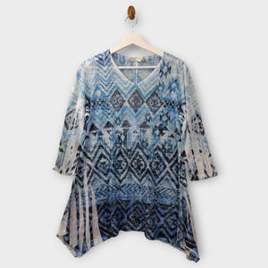 Jess & Jane Shirt Women Large Blue Sparkle Tribal Boho Art To Wear Burnout Tunic